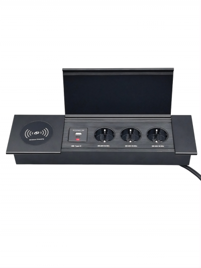 Встраиваемый блок розеток в столешницу DeskOn S3, 3 розетки, USB-A, USB-C, беспроводная зарядка-1